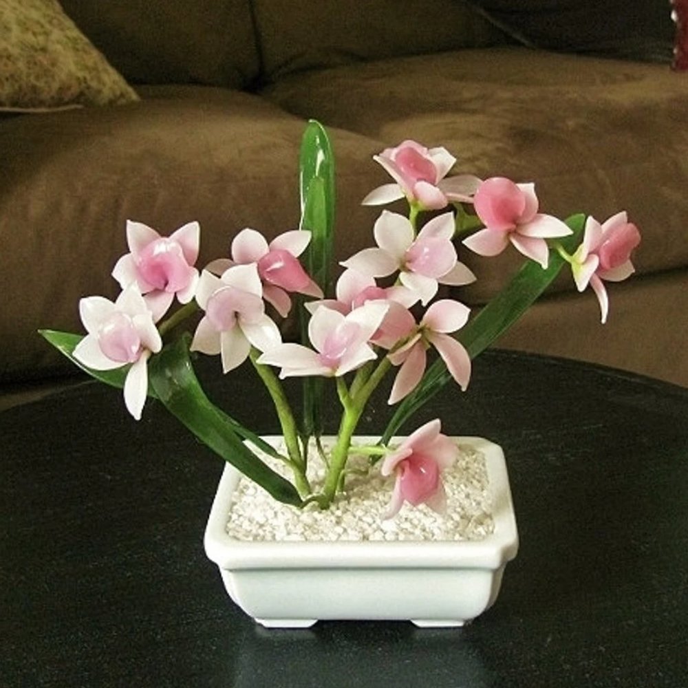 GUMP's Japan Jade Glass Bonsai Tree Cherry Blossom Flowers Porcelain Planter